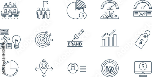 Business Strategy Line Icons, Marketing, SWOT Analysis, Growth, Target, Branding, Finance, Chart, Teamwork, Pricing, Vector Illustration