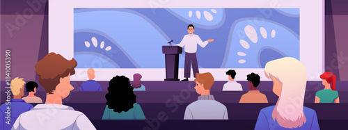 A male speaker speaks behind the podium conference room full of spectators, vector flat public seminar, conference