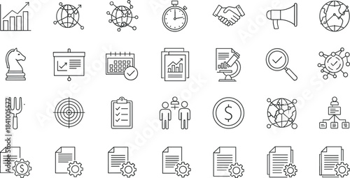Business, Finance, and Strategy Icons Set: Analytics, Handshake, Target, Calendar, Documents, Checkmate, Goals, Teamwork, Magnifying Glass, Global Market Line Art