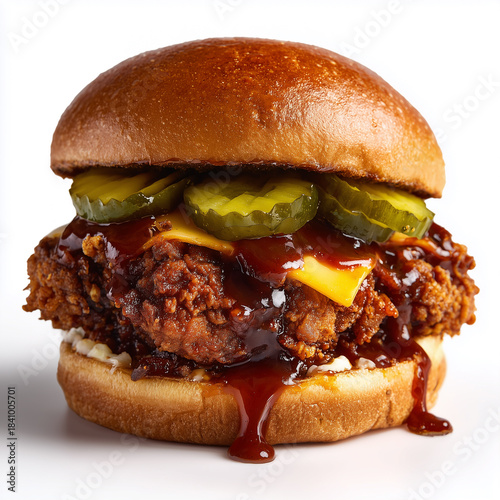 Nashville hot chicken sandwich deluxe, spicy glaze drip, pickle stack, modern hot street comfort food