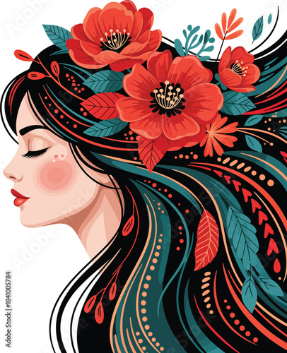 Stylized profile of a serene woman with long flowing dark hair adorned with red poppies and folk art patterns.