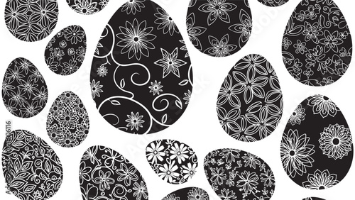 Elegant black and white floral Easter eggs seamless pattern design for holiday decorations and spring celebration