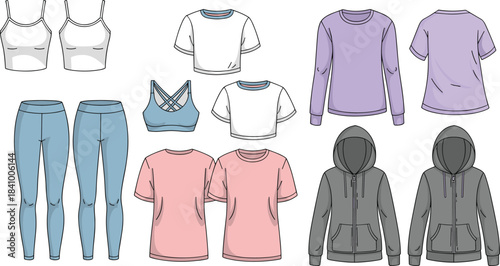 Assortment of casual women's clothing flat sketches including leggings tops hoodies and sports bra apparel