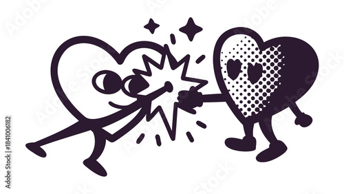 Cartoon heart character punching another heart character in the face with a starburst effect and halftone dots on the receiving heart