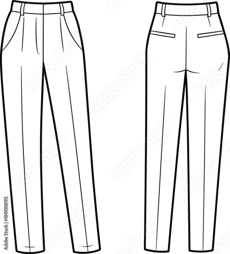 Black and White Line Drawing of Trousers with Pleats and Pockets Front and Back pants clothing