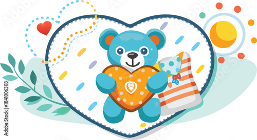 Cute blue teddy bear holding a heart shaped cookie with a gift bag and festive decorations inside a heart shape frame perfect for celebrations and love themes