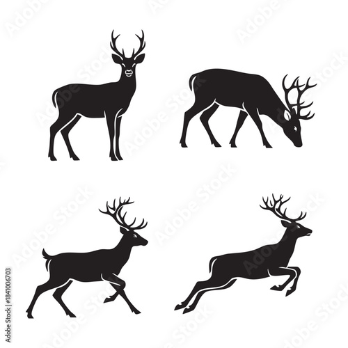 Majestic deer silhouettes showcasing various powerful poses including standing grazing trotting and leaping against a clean background