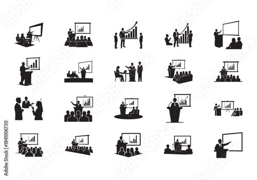 Business Presentation Silhouette Icons – Corporate Training, Seminar, Meeting, Speaker & Audience Vector Illustrations