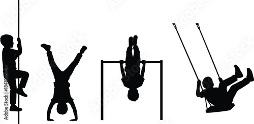 Black Silhouettes of Active Children Climbing Pole, Doing Handstand, Hanging on Bar, and Swinging, Representing Fitness, Sports, and Physical Development Vector Set