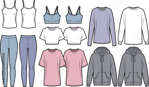 Collection of women's casual clothing items and activewear on a white background Keywords: women's clothing, apparel, fashion