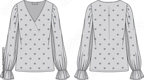 Fashion flat sketches of a grey wrap blouse with heart pattern and ruffled cuffs Keywords: fashion design, flat sketch, blouse