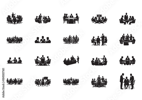 Business Meeting Silhouette Icons – Corporate Discussion, Boardroom Collaboration, Team Strategy & Leadership Vector Set