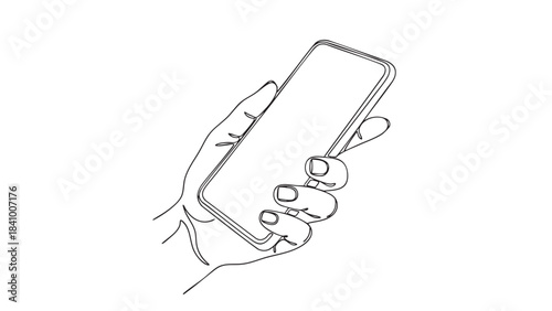Minimalist one line art drawing of a human hand holding a modern smartphone with empty screen for design