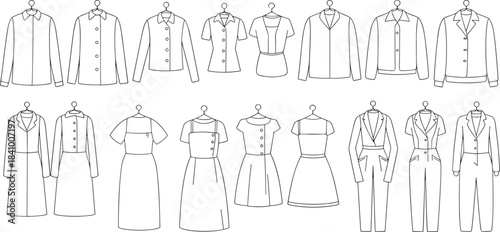 Fashion garment flat sketches of tops dresses and suits on hangers Keywords: fashion design, flat sketch, garment, clothing