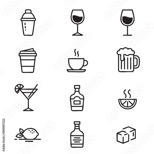 Modern outline beverage and drink icons collection featuring various glasses bottles and ingredients perfect for bars and cafes