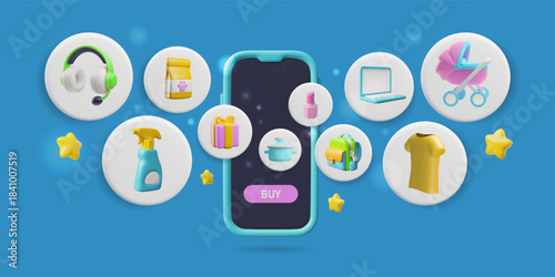 Marketplace app service 3D cartoon vector, online shopping on smartphone screen, internet store shop goods purchasing