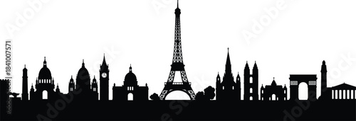 European landmarks skyline vector, Eiffel Tower center, Colosseum, Big Ben, Leaning Tower of Pisa, Arc de Triomphe, Parthenon, St Basil's Cathedral collage