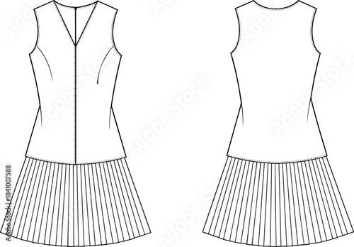 Fotografía Front and back view fashion flat sketch of a sleeveless pleated dress v-neck