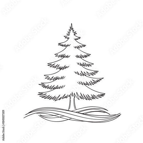 Simple black line art drawing of a stylized evergreen conifer tree illustration for design elements