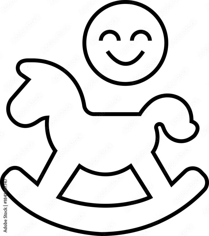 Obraz premium Cartoon rocking horse icon in black line style. Playful toy horse silhouette. Baby playroom symbol, nursery toy illustration for children and toddlers vector isolated on transparent background.