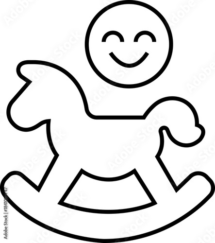 Cartoon rocking horse icon in black line style. Playful toy horse silhouette. Baby playroom symbol, nursery toy illustration for children and toddlers vector isolated on transparent background.