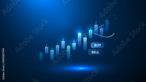 Digital Trade Stock Market Growth Chart Analysis Vector - Finance Investment Data Graph On Blue Candlestick Background