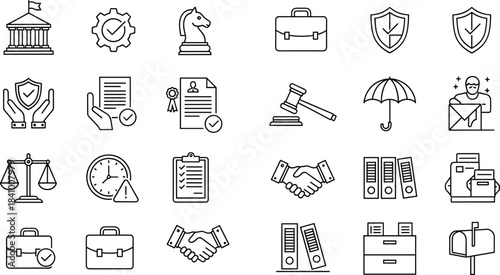 Business Analysis, Strategy, Performance, and Management Line Icon Set, Data Report, Goal Target, Checklist, Warning, Success, and Development Outline Symbols.