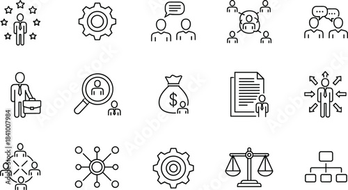 Business and Management Line Icons Vector Set, Teamwork, Strategy, Finance, Success, Communication, Legal, Organization, Human Resource Development.