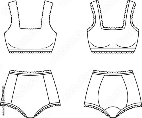 Line art fashion flat sketches of two bras and two pairs of high waisted briefs with scalloped edges