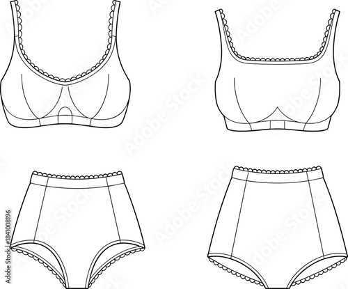 Line art fashion flat sketches of two bras and two pairs of high waisted briefs apparel undergarment