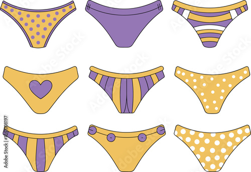 Nine pairs of women's underwear in purple and yellow patterns panties briefs