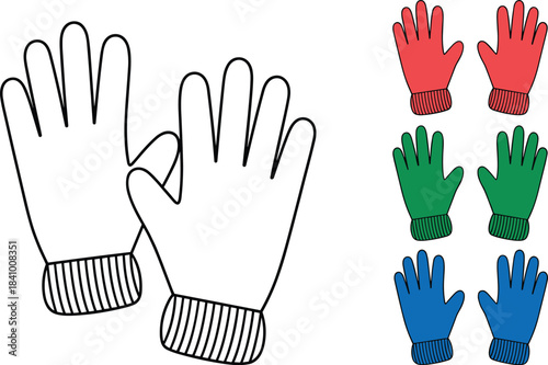 Pair of outline winter gloves next to three pairs of colored winter gloves, flat lay illustration cold