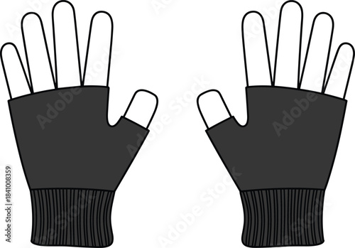 Pair of black fingerless winter gloves, flat lay illustration cold accessory