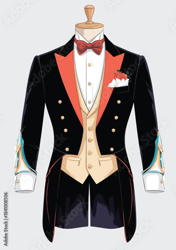 054-37-Tailcoat suit with red bow tie and vest displayed on a vintage mannequin