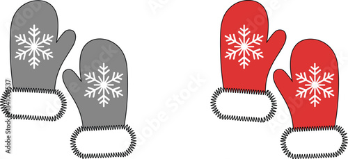 Red and grey mittens with snowflakes and fur trim gloves winter