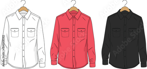Three Collared Long Sleeve Shirts in White Coral Pink and Black on Hangers clothing apparel