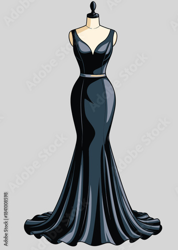 054-39-Elegant black evening gown with v-neck and train on a tailor's dummy