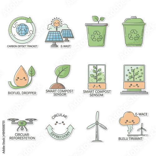 An appealing array of cartoon-style illustrations showcases innovative environmental concepts, from smart composting to renewable energy and circular economy principles.