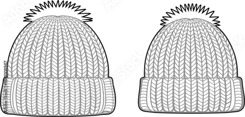 Two grey knitted beanies with pom-poms on a white background Keywords: beanie, hat, winter hat, knitted hat, cap, headwear