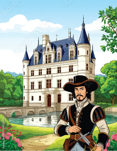 054-45-Portrait of a musketeer holding a sword with a historic castle in the background