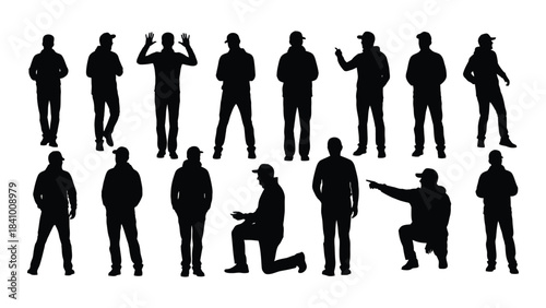 Diverse group of people in various poses depicted as a black silhouette