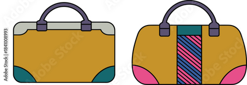 Two stylized flat lay illustrations of carry-on luggage bags with handles and colored accents travel