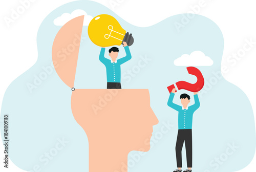 Brainstorming to solve business problems, creativity or intelligence to create new ideas or opportunities, thought process or logic to achieve goals, men holding question mark and light bulb in heads.