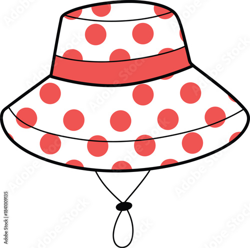 White bucket hat with red polka dots and red band on white background Keywords: hat, bucket hat, sun hat, polka dots, red polka