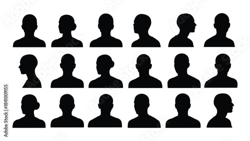 A collection of diverse human head profiles in black silhouette