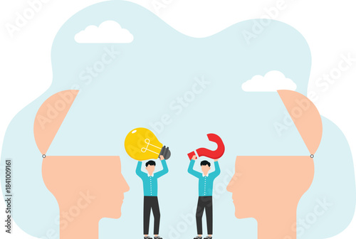 Brainstorming to solve business problems, creativity or intelligence to create new ideas or opportunities, thought process or logic to achieve goals, men holding question mark and light bulb in heads.