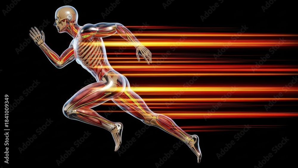 Obraz premium A digital illustration of a human body with visible muscles and bones running with motion blur on a black background