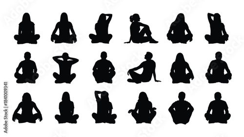 Diverse yoga poses depicted in black minimalist silhouettes