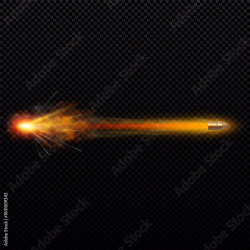Golden bullet with a fiery trail, explosion, sparks, dust, shot trajectory, glow effect.