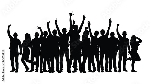 A crowd of people celebrating with arms raised in the air silhouette